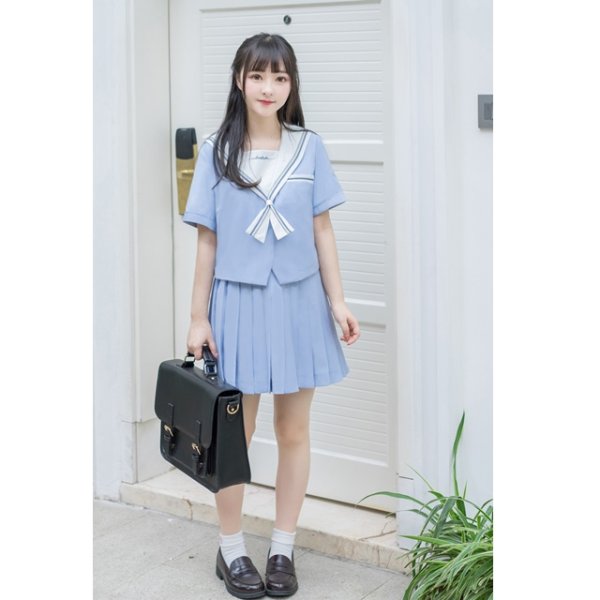画像1: ライトブルーのお嬢様系セーラー服 学生服 女子高生制服 コスプレ 衣装 通販
