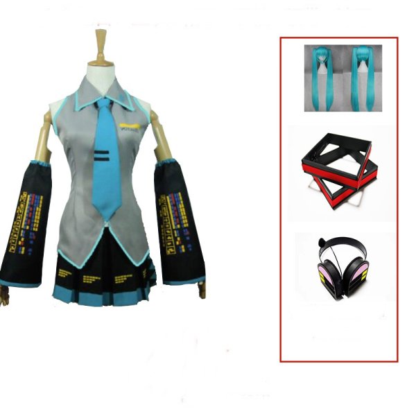 画像1: ボーカロイド　初音ミク　衣装、ウイッグ、髪飾り、ヘッドホンのセット　風 コスプレ 衣装 通販 オーダーメイド