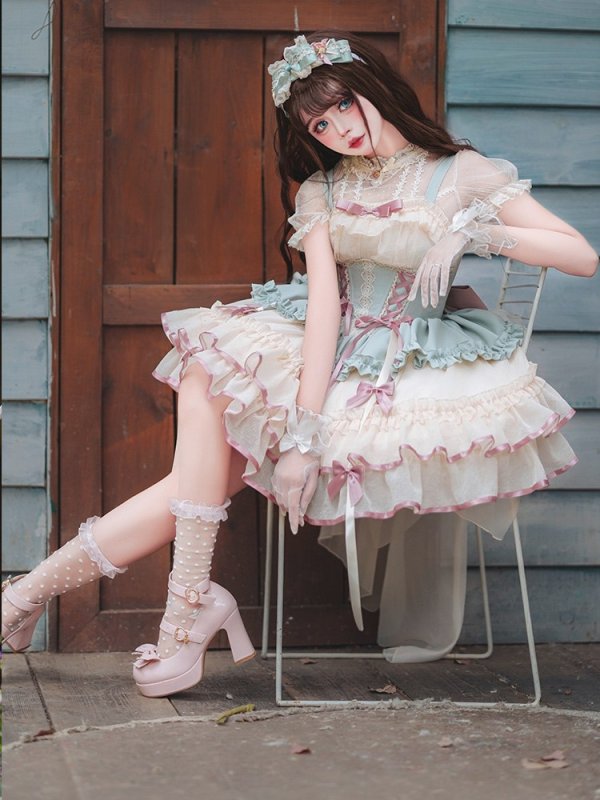 画像3: ライトグリーン/アイボリー ロリータドレス　lolita　 ダンス 3層 バレエ スタイル 蝶結び レースアップ スイート ロリータ ドレス　コスプレ衣装