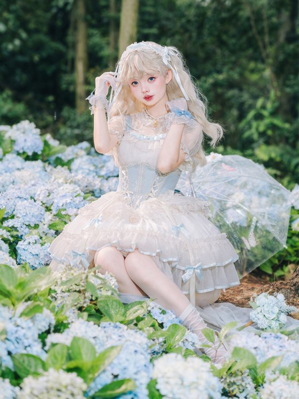 画像1: ライトブルー/アイボリー ロリータドレス　lolita　 ダンス 3層 バレエ スタイル 蝶結び レースアップ スイート ロリータ ドレス　コスプレ衣装