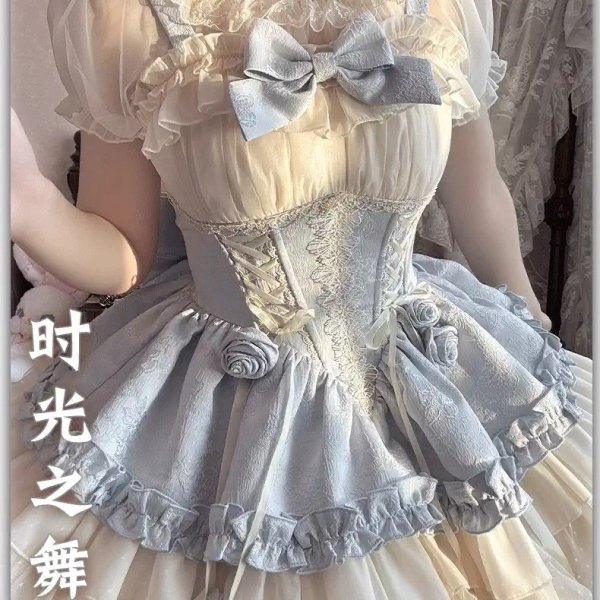 画像2: プリンセスロリータボーンコルセットトップ+ベージュティアードスカートバレエコア 　コスプレ衣装