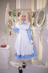 可愛い　ライトブルーとピンクのロリータメイド衣装　ロング丈　コスチューム 　コスプレ衣装　