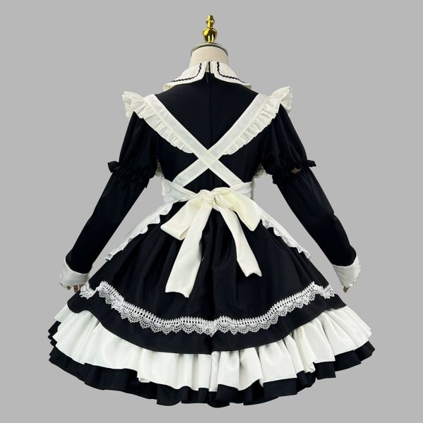 画像2: クラシック メイド服 コスチューム セット ブラック＆ホワイト レース装飾 リボン付き 付け袖 長袖ワンピース