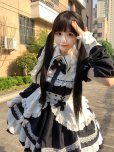 画像8: クラシック メイド服 コスチューム セット ブラック＆ホワイト レース装飾 リボン付き 付け袖 長袖ワンピース
