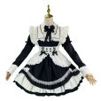 画像1: クラシック メイド服 コスチューム セット ブラック＆ホワイト レース装飾 リボン付き 付け袖 長袖ワンピース (1)