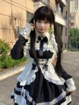 画像5: クラシック メイド服 コスチューム セット ブラック＆ホワイト レース装飾 リボン付き 付け袖 長袖ワンピース