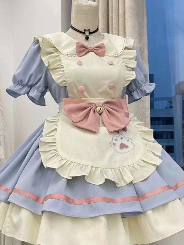 画像1: かわいいロリータメイド服蝶結び　わんこの足跡　デザインコスプレ衣装