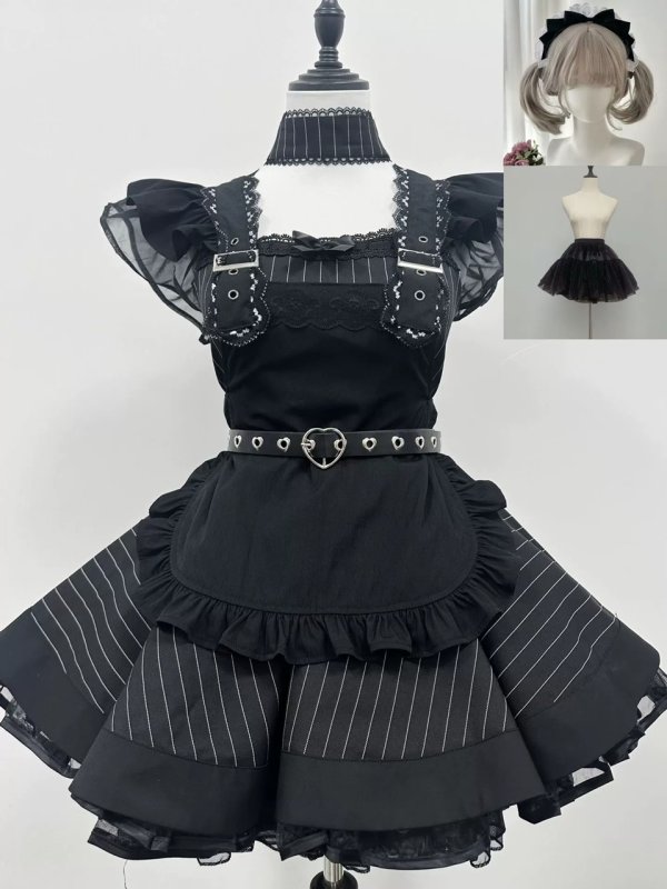 画像2: レトロな黒と白のストライプロリータメイド服　 大きいサイズ　コスプレ衣装