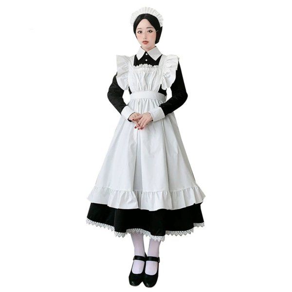 画像1: かわいい白黒ロングスカートメイド服　長袖　半袖イギリスの執事　コスプレ衣装