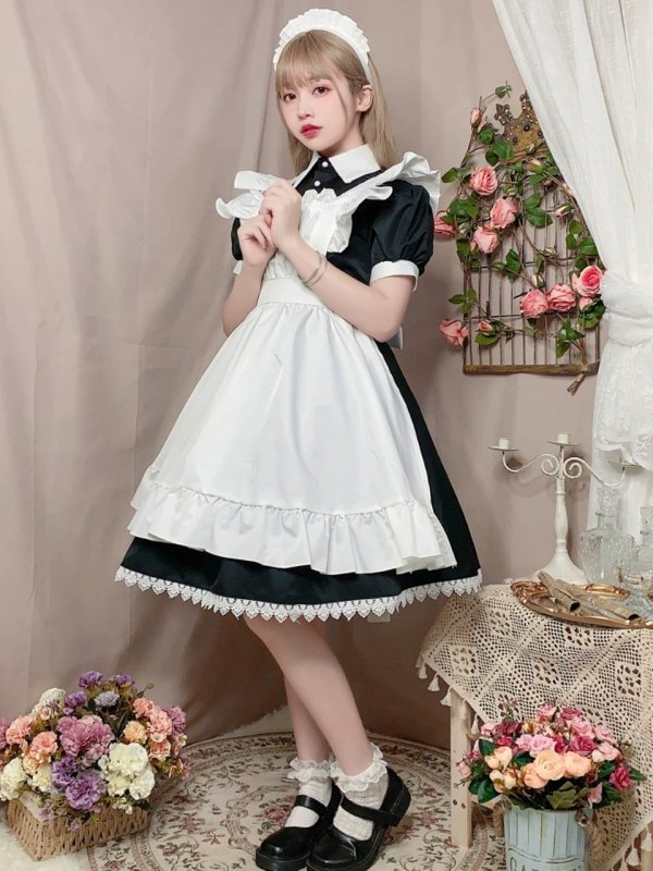 画像8: 英国風　可愛いメイド服 ミニ丈ワンピース コスチューム 半袖 フリル カチューシャ付き 蝶結び コスプレ衣装