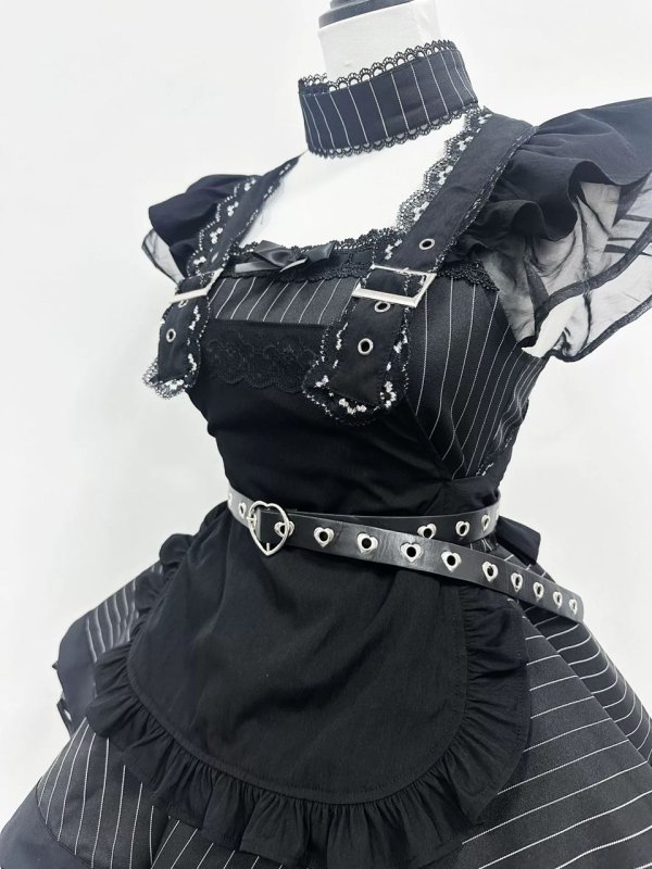 画像7: 黒のシックなエプロン付き可愛いメイド服 ミニ丈ワンピース コスチューム 半袖 フリル カチューシャ付き 蝶結び コスプレ衣装