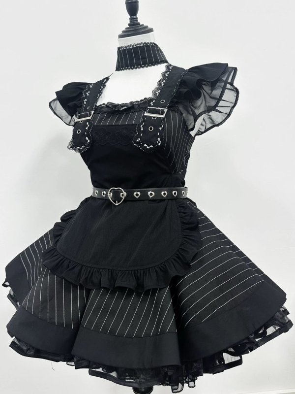 画像1: 黒のシックなエプロン付き可愛いメイド服 ミニ丈ワンピース コスチューム 半袖 フリル カチューシャ付き 蝶結び コスプレ衣装