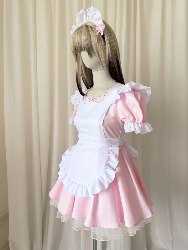 画像5: シンプルなエプロン付き可愛いメイド服 ミニ丈ワンピース コスチューム 半袖 フリル カチューシャ付き 蝶結び コスプレ衣装