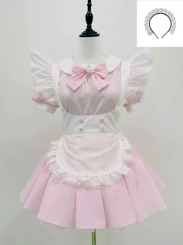 画像2: エプロン付き可愛いメイド服 ミニ丈ワンピース コスチューム 半袖 フリル カチューシャ付き 蝶結び コスプ衣装