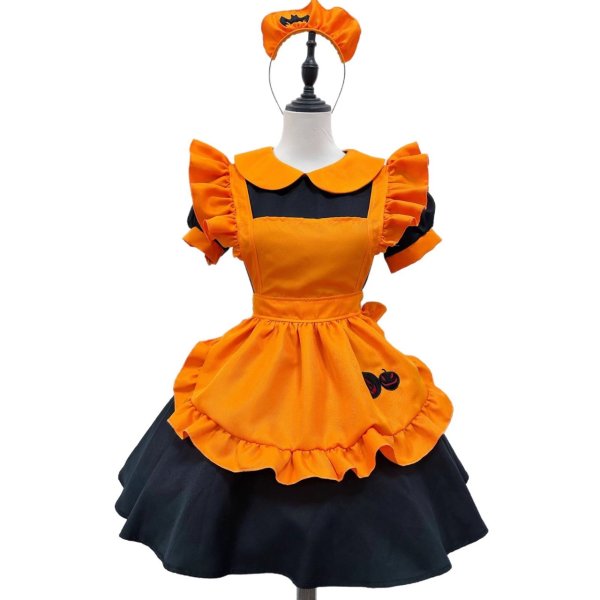 画像1: パンプキン　エプロン付き可愛いメイド服 ミニ丈ワンピース コスチューム 半袖 フリル カチューシャ付き 蝶結び コスプ衣装