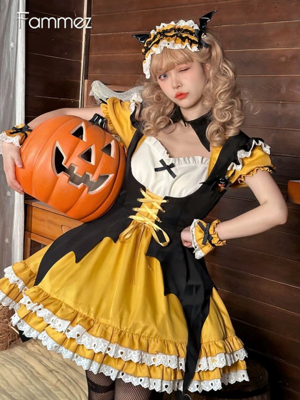 画像4: パンプキン　可愛いメイド服 ミニ丈ワンピース コスチューム 半袖 フリル カチューシャ付き 蝶結び コスプレ衣装