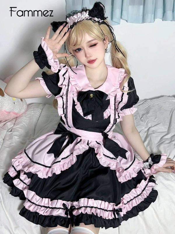 画像5: ピンクのふりふり可愛いメイド服 ミニ丈ワンピース コスチューム 半袖 フリル カチューシャ付き 蝶結び コスプレ衣装