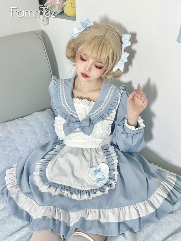 画像2: レトロなセーラー服風可愛いメイド服 ミニ丈ワンピース コスチューム 半袖 フリル カチューシャ付き 蝶結び コスプレ衣装