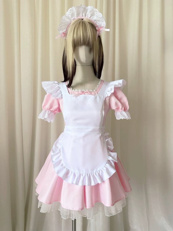 画像1: シンプルな可愛いメイド服 ミニ丈ワンピース コスチューム 半袖 フリル カチューシャ付き 蝶結び コスプレ衣装