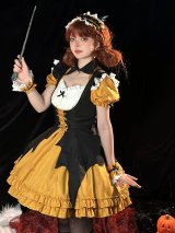 パンプキン　可愛いメイド服 ミニ丈ワンピース コスチューム 半袖 フリル カチューシャ付き 蝶結び コスプレ衣装