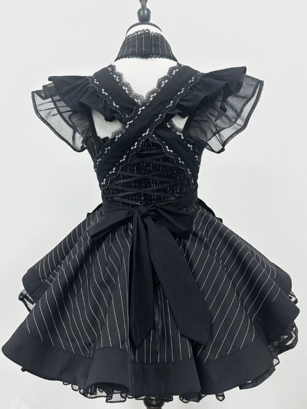 画像5: 黒のシックなエプロン付き可愛いメイド服 ミニ丈ワンピース コスチューム 半袖 フリル カチューシャ付き 蝶結び コスプレ衣装
