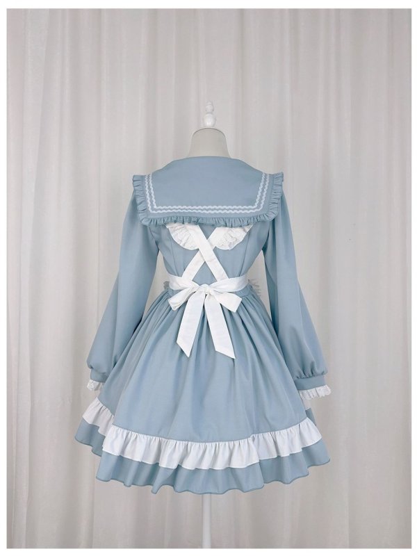 画像6: レトロなセーラー服風可愛いメイド服 ミニ丈ワンピース コスチューム 半袖 フリル カチューシャ付き 蝶結び コスプレ衣装