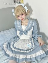 レトロなセーラー服風可愛いメイド服 ミニ丈ワンピース コスチューム 半袖 フリル カチューシャ付き 蝶結び コスプレ衣装