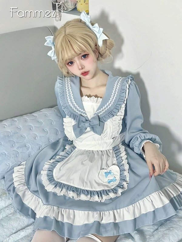 画像1: レトロなセーラー服風可愛いメイド服 ミニ丈ワンピース コスチューム 半袖 フリル カチューシャ付き 蝶結び コスプレ衣装