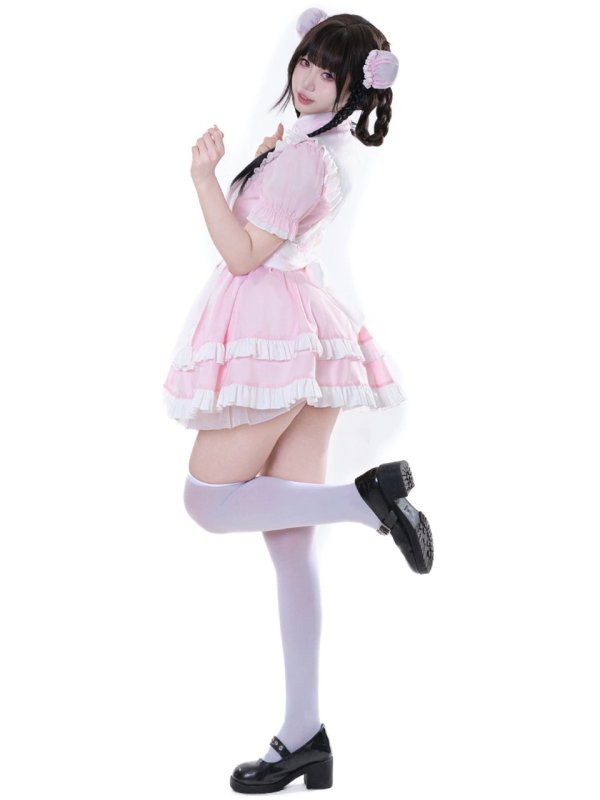 画像3: チャイナ　可愛いメイド服 ミニ丈ワンピース コスチューム 半袖 フリル カチューシャ付き 蝶結び コスプレ衣装