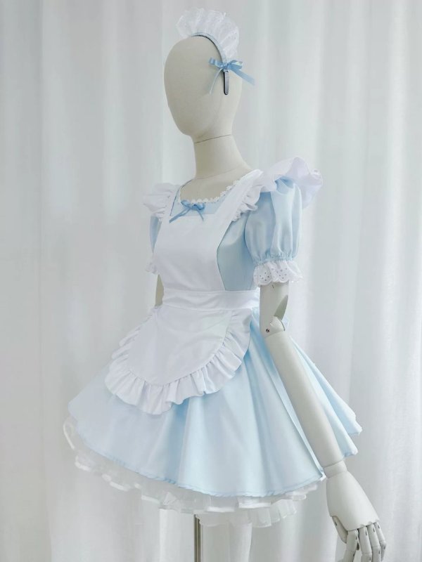 画像5: シンプルな可愛いメイド服 ミニ丈ワンピース コスチューム 半袖 フリル カチューシャ付き 蝶結び コスプレ衣装