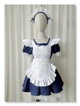 シンプルなエプロン付き可愛いメイド服 ミニ丈ワンピース コスチューム 半袖 フリル カチューシャ付き 蝶結び コスプレ衣装