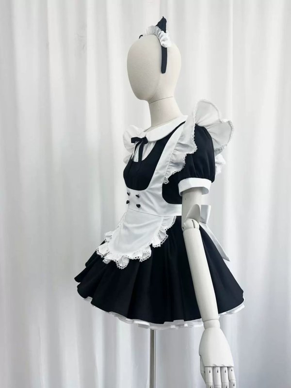 画像4: フリル　エプロン付き可愛いメイド服 ミニ丈ワンピース コスチューム 半袖 フリル カチューシャ付き 蝶結び コスプレ衣装