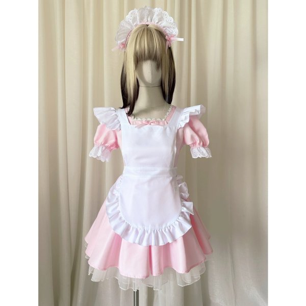 画像4: シンプルなエプロン付き可愛いメイド服 ミニ丈ワンピース コスチューム 半袖 フリル カチューシャ付き 蝶結び コスプレ衣装