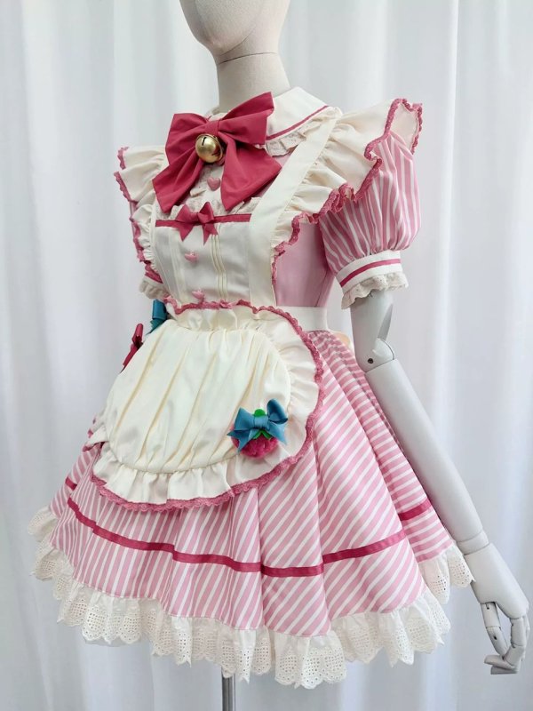 画像5: ピンクストライプの可愛いメイド服 ミニ丈ワンピース コスチューム 半袖 フリル カチューシャ付き 蝶結び コスプレ衣装