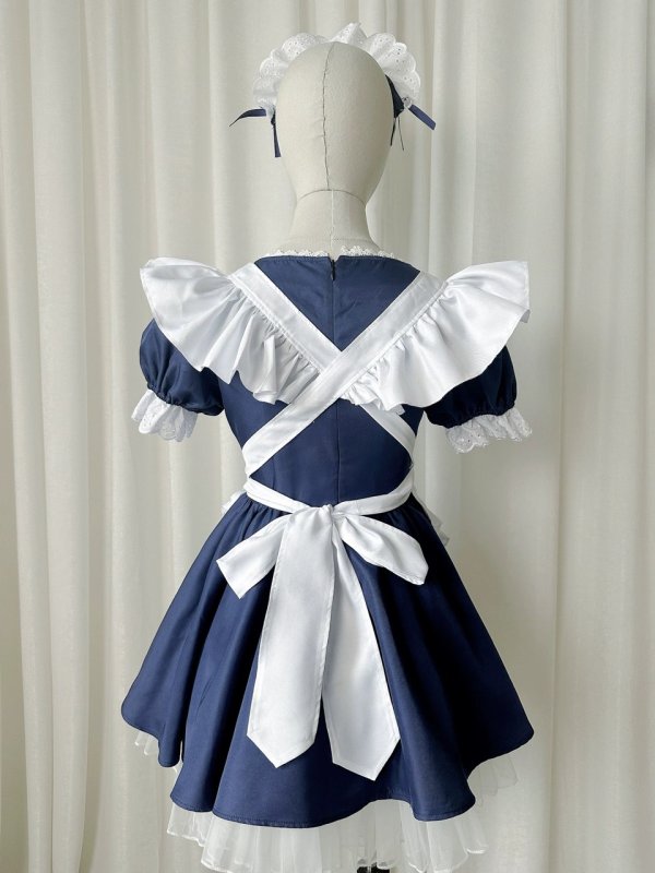画像6: シンプルなエプロン付き可愛いメイド服 ミニ丈ワンピース コスチューム 半袖 フリル カチューシャ付き 蝶結び コスプレ衣装