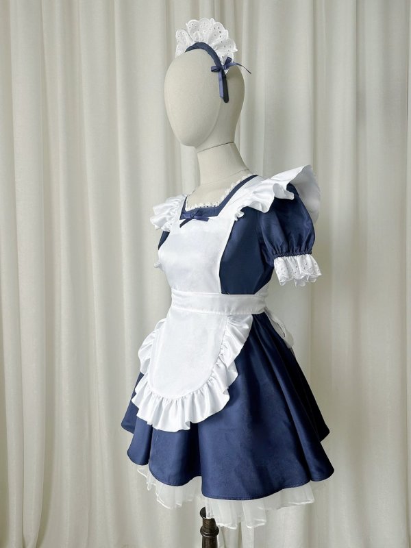 画像3: シンプルなエプロン付き可愛いメイド服 ミニ丈ワンピース コスチューム 半袖 フリル カチューシャ付き 蝶結び コスプレ衣装