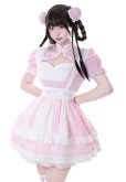 画像1: チャイナ　可愛いメイド服 ミニ丈ワンピース コスチューム 半袖 フリル カチューシャ付き 蝶結び コスプレ衣装 (1)