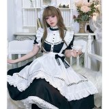 英国風　可愛いメイド服 ミニ丈ワンピース コスチューム 半袖 フリル カチューシャ付き 蝶結び コスプレ衣装