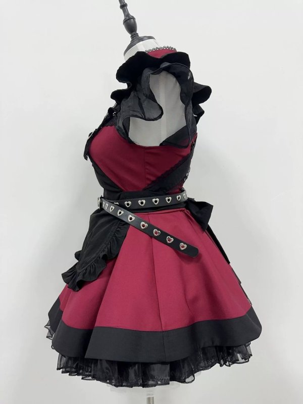 画像2: エンジ色のシックなエプロン付き可愛いメイド服 ミニ丈ワンピース コスチューム 半袖 フリル カチューシャ付き 蝶結び コスプレ衣装