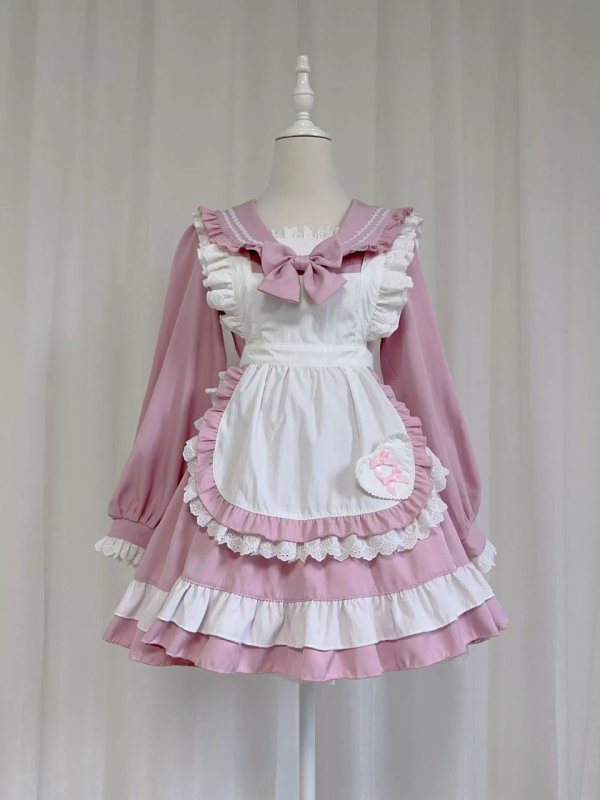画像3: レトロなセーラー服風可愛いメイド服 ミニ丈ワンピース コスチューム 半袖 フリル カチューシャ付き 蝶結び コスプレ衣装
