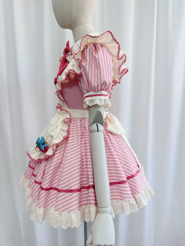 画像4: ピンクストライプの可愛いメイド服 ミニ丈ワンピース コスチューム 半袖 フリル カチューシャ付き 蝶結び コスプレ衣装