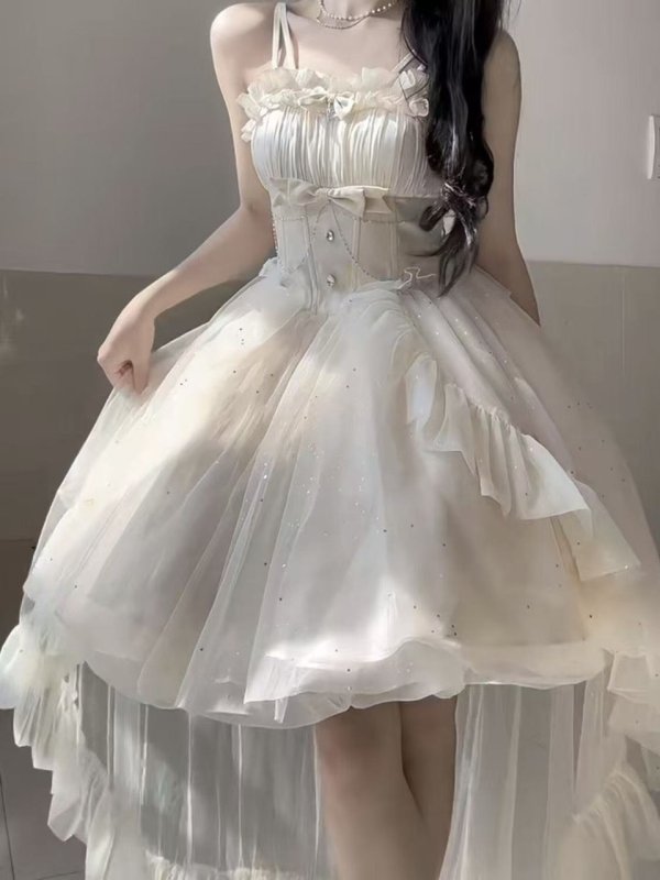 画像4: フランスのプリンセスドレス、夏のロリータドレス、妖精のトレイン、白い月光のスパンコールの誕生日の大人のドレス