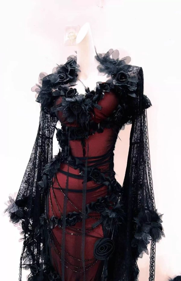 画像3: ダークスタイルの宮廷ドレス、ゴシックスタイルのバラの装飾が施されたドレス、羽根の襟とビーズのメッシュドレス　コスプレ 衣装 通販 オーダーメイド
