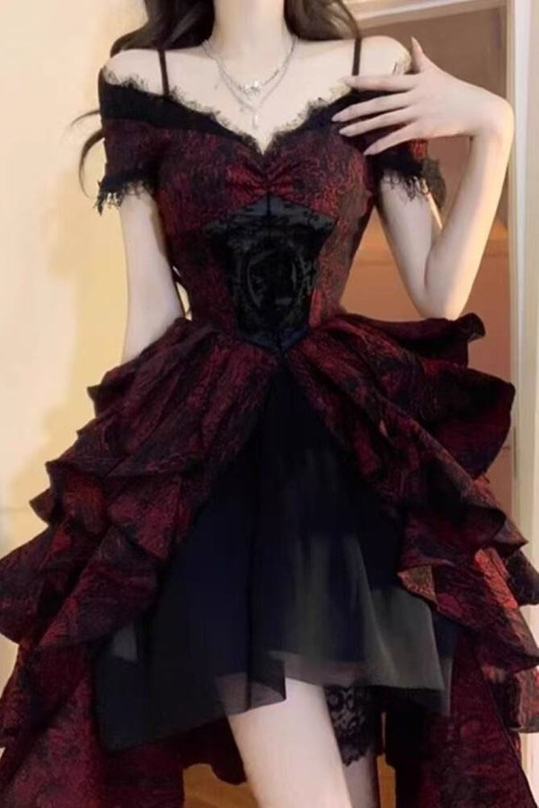 画像1: ワンピース レディース 黒魔女 ダークゴシック 宮廷風 ロリータ プリンセスドレス オフショルダー Vネック 半袖 フリル袖 リボン ボタン Aライン ミニ丈 ショート丈 ストリート系 異素材切り替え 黒 赤