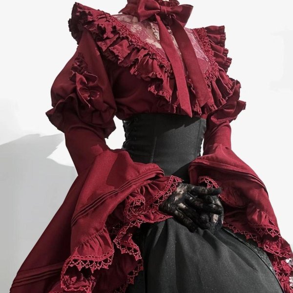 画像11: ロリータ コスチューム ハロウィン ブラウス スカート 上下セット レトロ風 リボン レディース ゴスロリ 暗黒風 長袖 フリル コスプレ 衣装 洋服 日常 仮装 パーティ イベント ステージ 文化祭 学園祭 春夏秋用 ブラック 黒 ホワイト 白 ワインレッド S M L XL