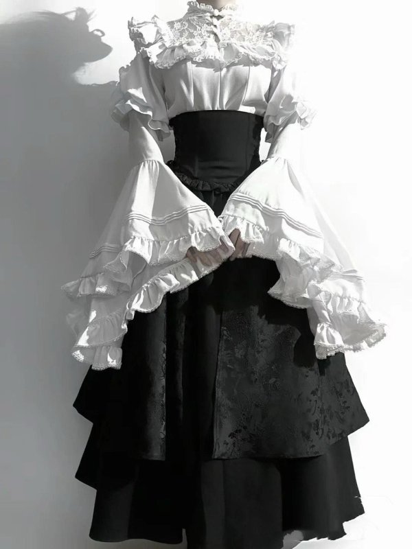 画像5: ロリータ コスチューム ハロウィン ブラウス スカート 上下セット レトロ風 リボン レディース ゴスロリ 暗黒風 長袖 フリル コスプレ 衣装 洋服 日常 仮装 パーティ イベント ステージ 文化祭 学園祭 春夏秋用 ブラック 黒 ホワイト 白 ワインレッド S M L XL