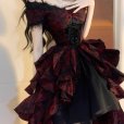 画像6: ワンピース レディース 黒魔女 ダークゴシック 宮廷風 ロリータ プリンセスドレス オフショルダー Vネック 半袖 フリル袖 リボン ボタン Aライン ミニ丈 ショート丈 ストリート系 異素材切り替え 黒 赤 (6)