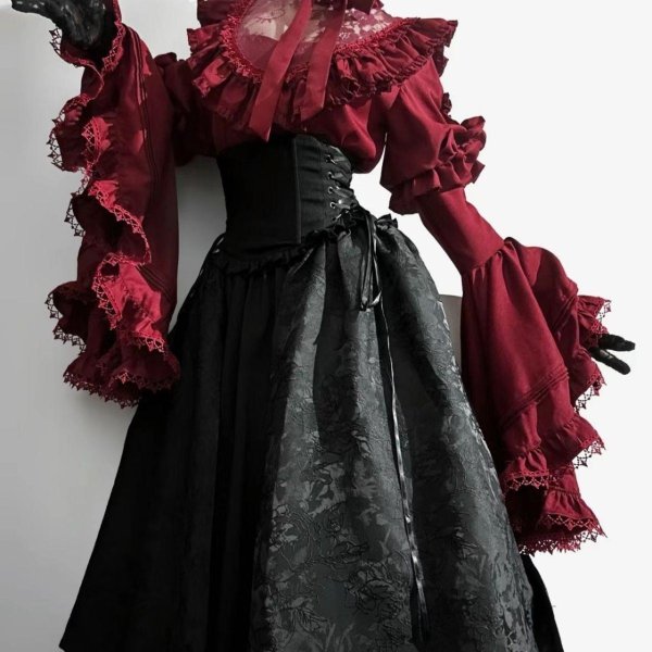 画像8: ロリータ コスチューム ハロウィン ブラウス スカート 上下セット レトロ風 リボン レディース ゴスロリ 暗黒風 長袖 フリル コスプレ 衣装 洋服 日常 仮装 パーティ イベント ステージ 文化祭 学園祭 春夏秋用 ブラック 黒 ホワイト 白 ワインレッド S M L XL