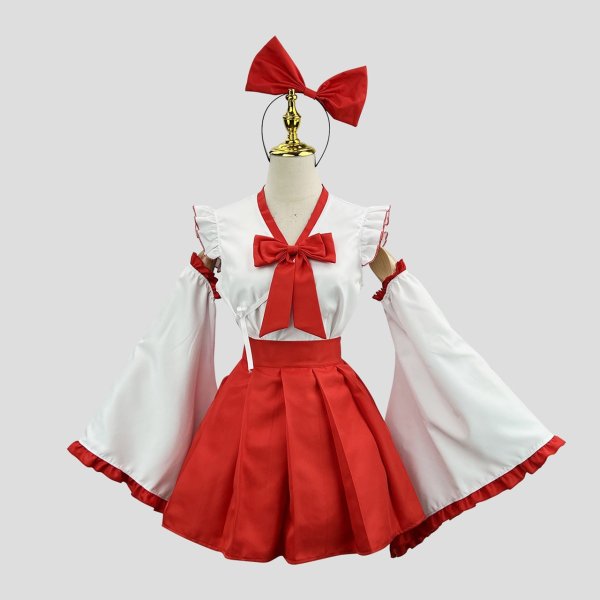 画像1: 巫女風 メイド服 大きいサイズ　コスプレ 仮装 コスチューム フリル リボン エプロン 制服 ウェイトレス 女の子 可愛い 萌え 正統衣装 原宿 お嬢様 文化祭 ハロウィン (1)