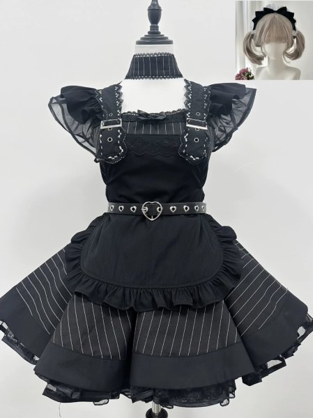 画像1: レトロな黒と白のストライプロリータメイド服　 大きいサイズ　コスプレ衣装 (1)